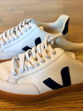 Veja White Sneakers with Navy V and Gum Sole